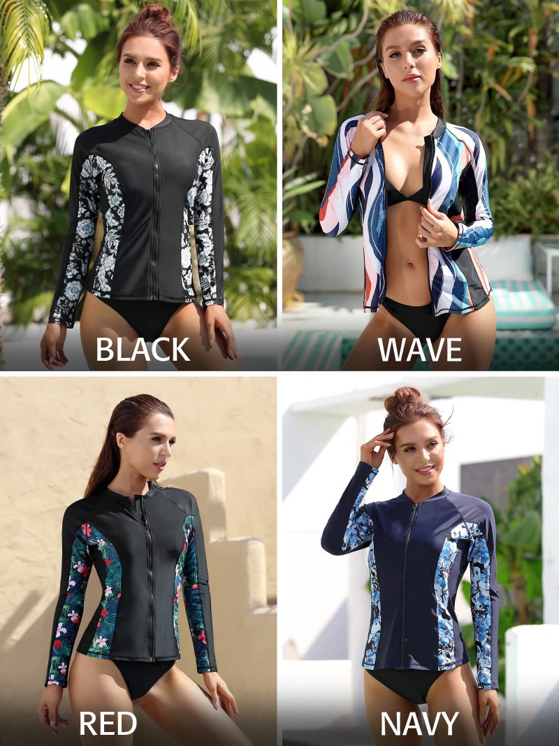 ATTRACO Womens Rash Guard Zip-Front Swimsuit Swim Shirt UV Sun Protection Floral - Image 5